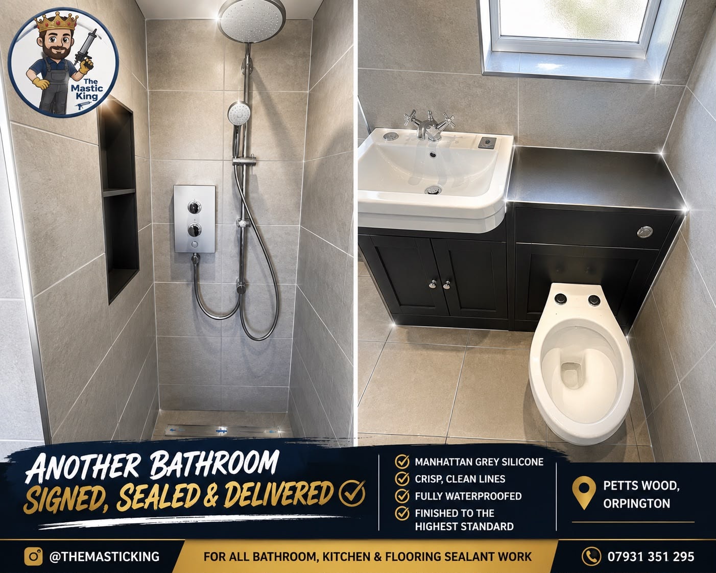 Full bathroom seal — Petts Wood, Orpington. Manhattan grey silicone, crisp clean lines