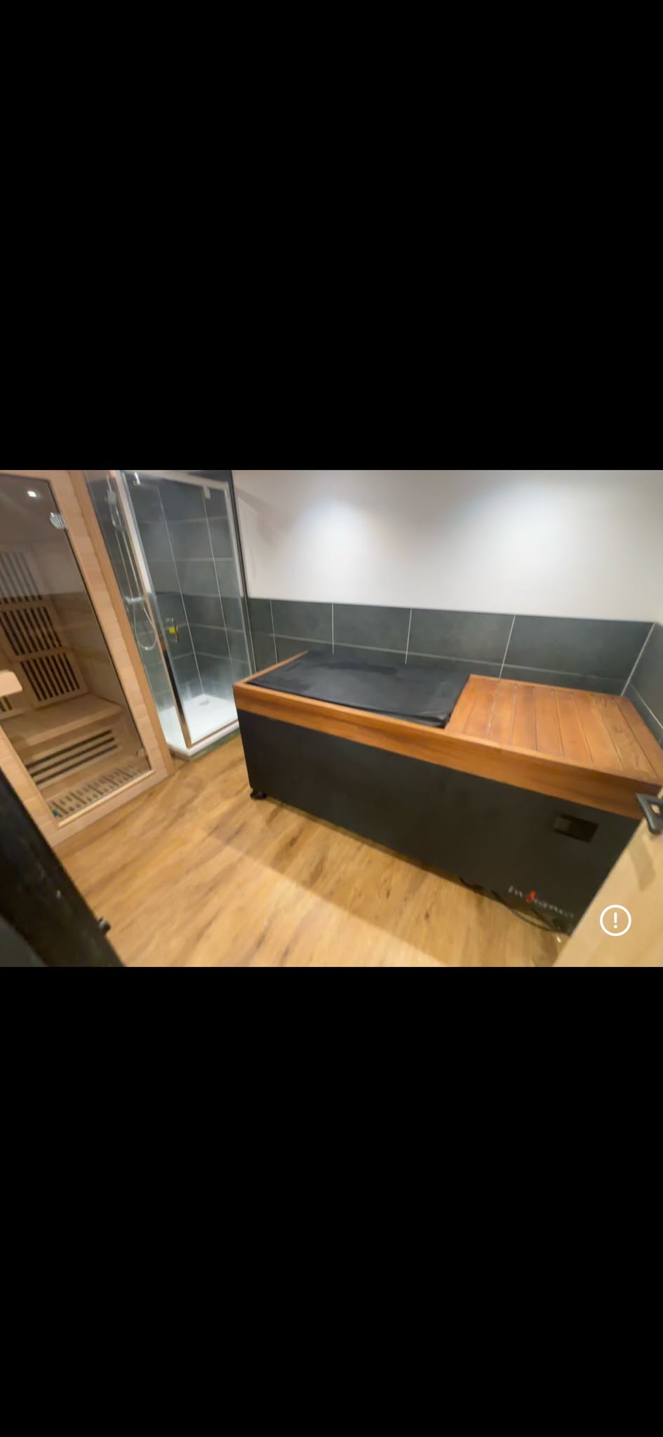 Wellness room with sauna and shower enclosure — commercial mastic work